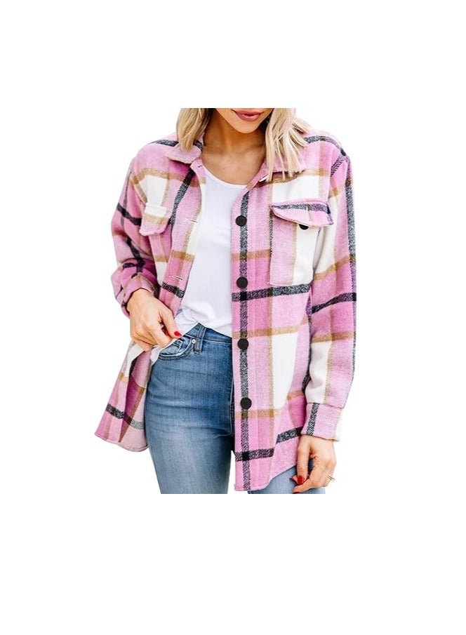 Womens  Shacket Jacket Casual Plaid Wool Blend Button Down Long Sleeve Shirt Fall Clothes Outfits  - Image 1
