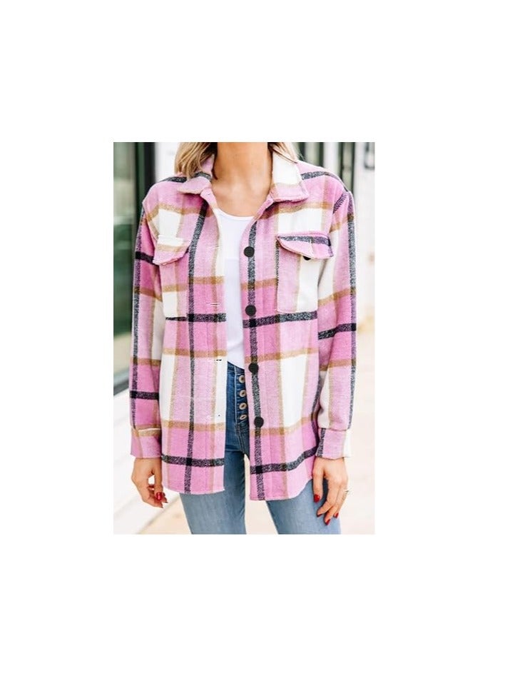 Womens  Shacket Jacket Casual Plaid Wool Blend Button Down Long Sleeve Shirt Fall Clothes Outfits  - Image 4