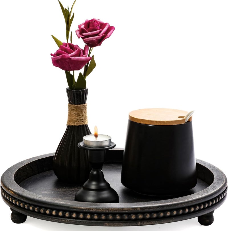 KULEDM Wooden Tray Decor, Small Beaded Coffee Table Tray Decor, Black Round Decorative Tray for Coffee Table, Dining Room Table Entryway and Living Room Table - Image 1