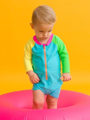 RUGGEDBUTTS BabyToddler Boy Swimsuit One Piece Zipper Rash Guard Sunsuit with UPF 50 Sun Protection Neon Color Block 612m - Image 3