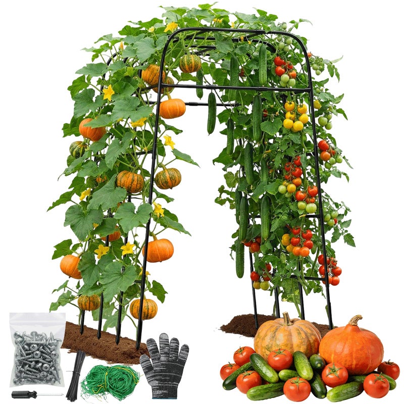 MQHUAYU Garden Arch Trellis for Climbing Plants (83" H x 57" L), Metal Cucumber & Tomato Cage, Rustproof Walk-Through Tunnel Support for Pumpkin, Squash, Melon & Rose - Image 1