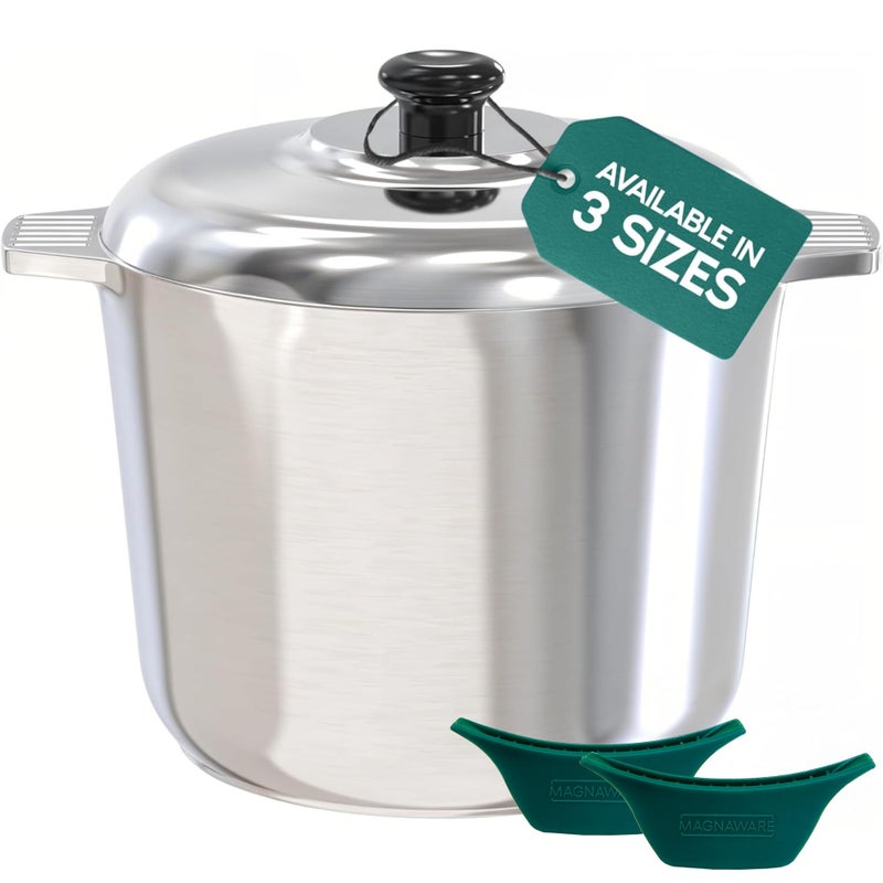 MAGNAWARE 10 Quart Cast Aluminum Stock Pot with Lid - Durable & Lightweight Soup Pot with Even Heat Distribution & Retention - Professional Cookware Stockpot with Silicone Handle Covers - Image 1