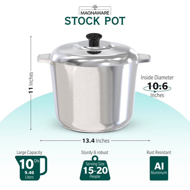 MAGNAWARE 10 Quart Cast Aluminum Stock Pot with Lid - Durable & Lightweight Soup Pot with Even Heat Distribution & Retention - Professional Cookware Stockpot with Silicone Handle Covers - Image 2