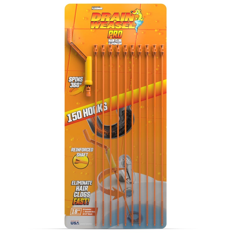 FlexiSnake Pro Drain Weasel Sink Snake Hair Clog Remover Tool Sink Pipe Bathroom Bathtub Drain Cleaner 18inch Long Flexible Made in The USA 10 Pack Reusable Wands and Removable Handle