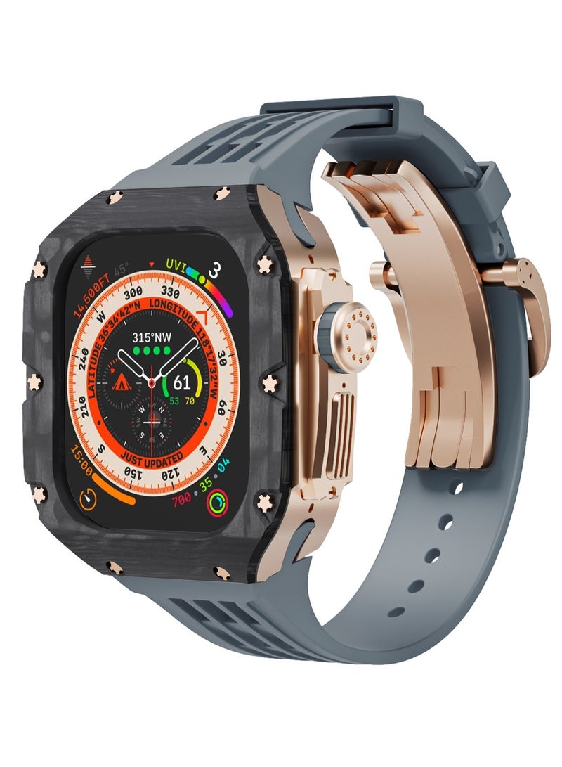 AROAQ Carbon Fiber Case For Apple Watch, 49mm Fluororubber Band Metal Bazel For Iwatch, Ultra Titanium Alloy Integrated Protective Case, (Carbon shell-rose titanium frame-grey tape) - Image 1