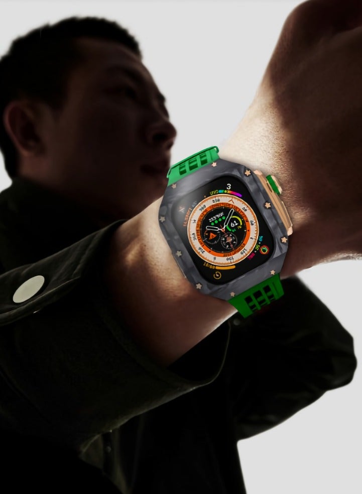 AROAQ Carbon Fiber Case For Apple Watch, 49mm Fluororubber Band Metal Bazel For Iwatch, Ultra Titanium Alloy Integrated Protective Case, (Carbon shell-rose titanium frame-grey tape) - Image 4