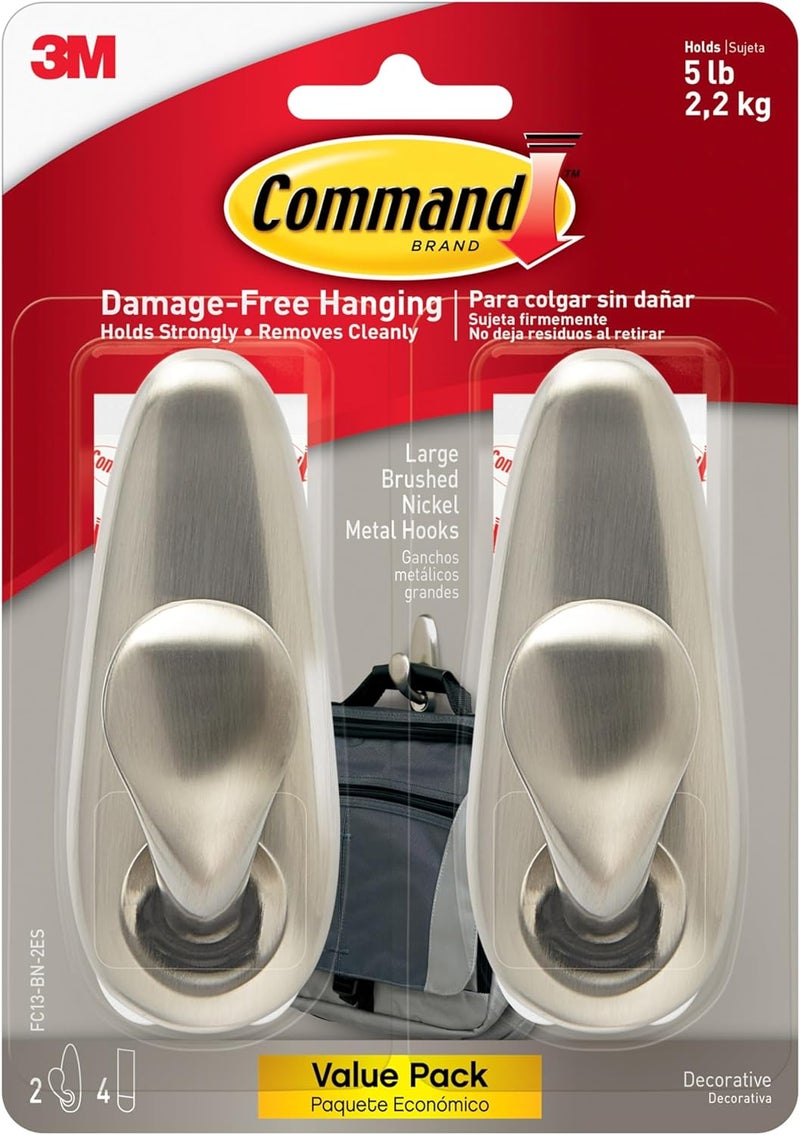 Command 5 lb Large Brushed Nickel Metal Hooks, 2 Coat Hooks and 4 Strips, Damage-Free Hanging with Adhesive, Great for Christmas Decorations - Image 1