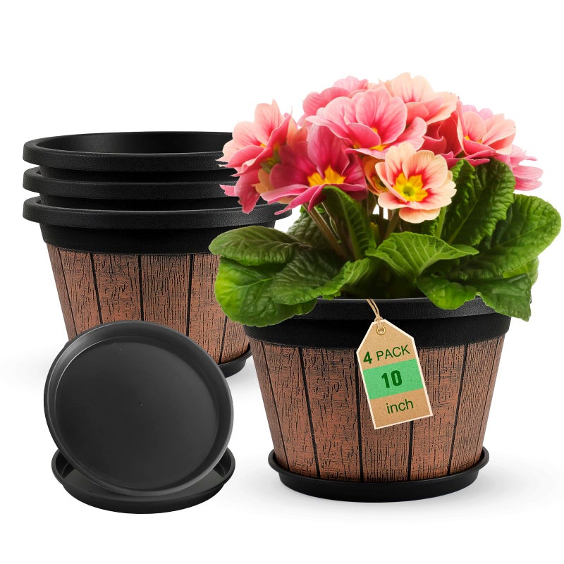 Quarut 4 Pack 10 inch Plant Pots,Upgrade Whiskey Barrel Planters with Drainage Holes & Saucer,Plastic Decoration Flower Pots Retro Design,Planters for Outdoor Indoor Garden Home Plants (Brown) - Image 1