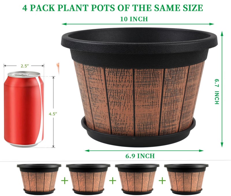 Quarut 4 Pack 10 inch Plant Pots,Upgrade Whiskey Barrel Planters with Drainage Holes & Saucer,Plastic Decoration Flower Pots Retro Design,Planters for Outdoor Indoor Garden Home Plants (Brown) - Image 2