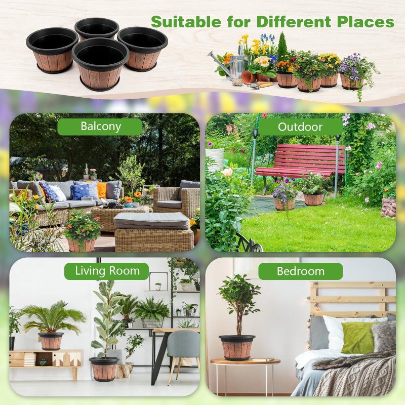 Quarut 4 Pack 10 inch Plant Pots,Upgrade Whiskey Barrel Planters with Drainage Holes & Saucer,Plastic Decoration Flower Pots Retro Design,Planters for Outdoor Indoor Garden Home Plants (Brown) - Image 5