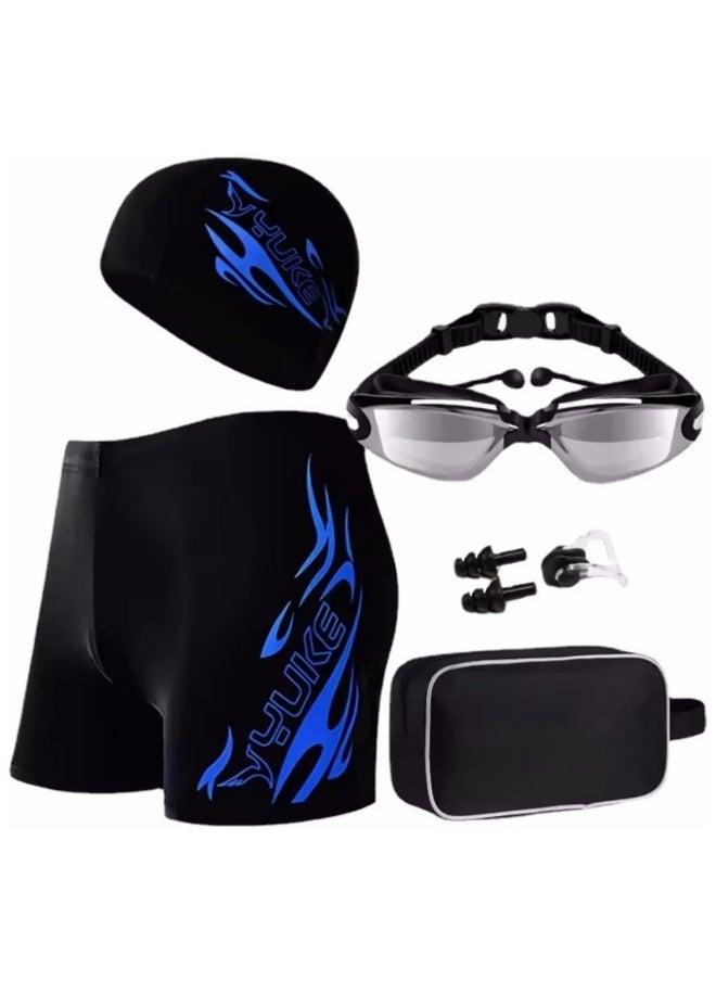 YUKE Swimming Suit Set,Men's Swimming Trunks Swimming Cap Set,Sport Boxer Swimwear,Beach Elastic Shorts,Includes Swimming Trunks+Swimming Goggles+Swimming Cap+Handbag+Earplugs+Nose clip, Blue  - Image 1