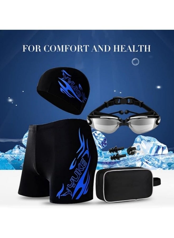 YUKE Swimming Suit Set,Men's Swimming Trunks Swimming Cap Set,Sport Boxer Swimwear,Beach Elastic Shorts,Includes Swimming Trunks+Swimming Goggles+Swimming Cap+Handbag+Earplugs+Nose clip, Blue  - Image 4