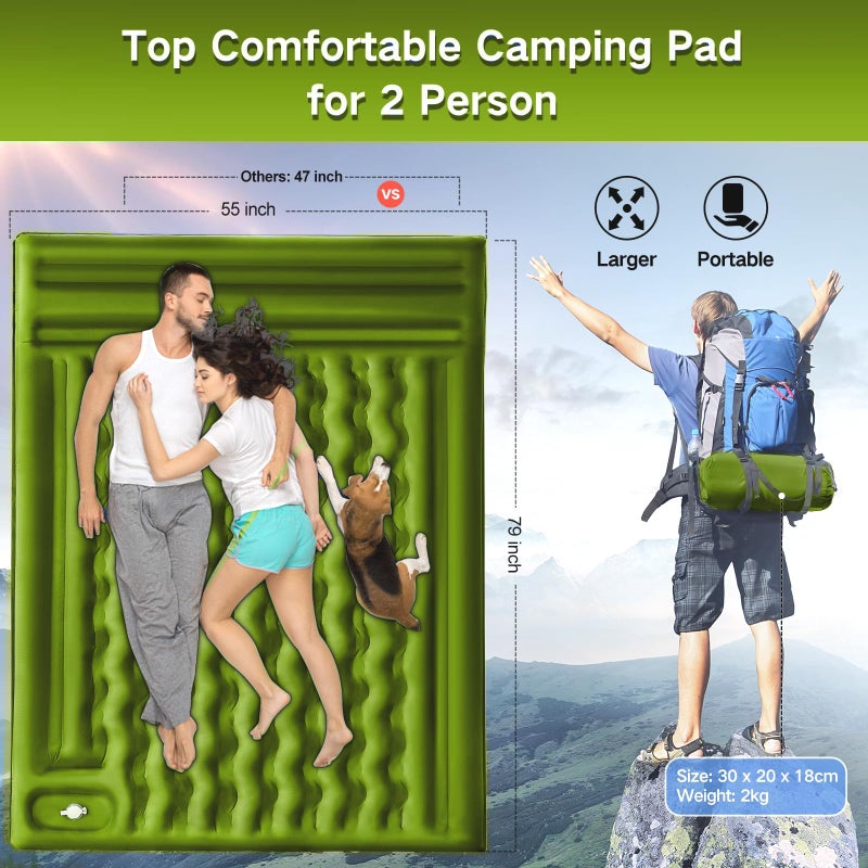 FNARMW Double Sleeping Pad Camping, Self Inflating 6'' Extra-Thick 2 Person Pillow Built-in Foot Pump Waterproof Inflatable Sleeping Mat Backpacking, Tent, Hiking, Portable Camping Pad (Yellow Grey) - Image 4