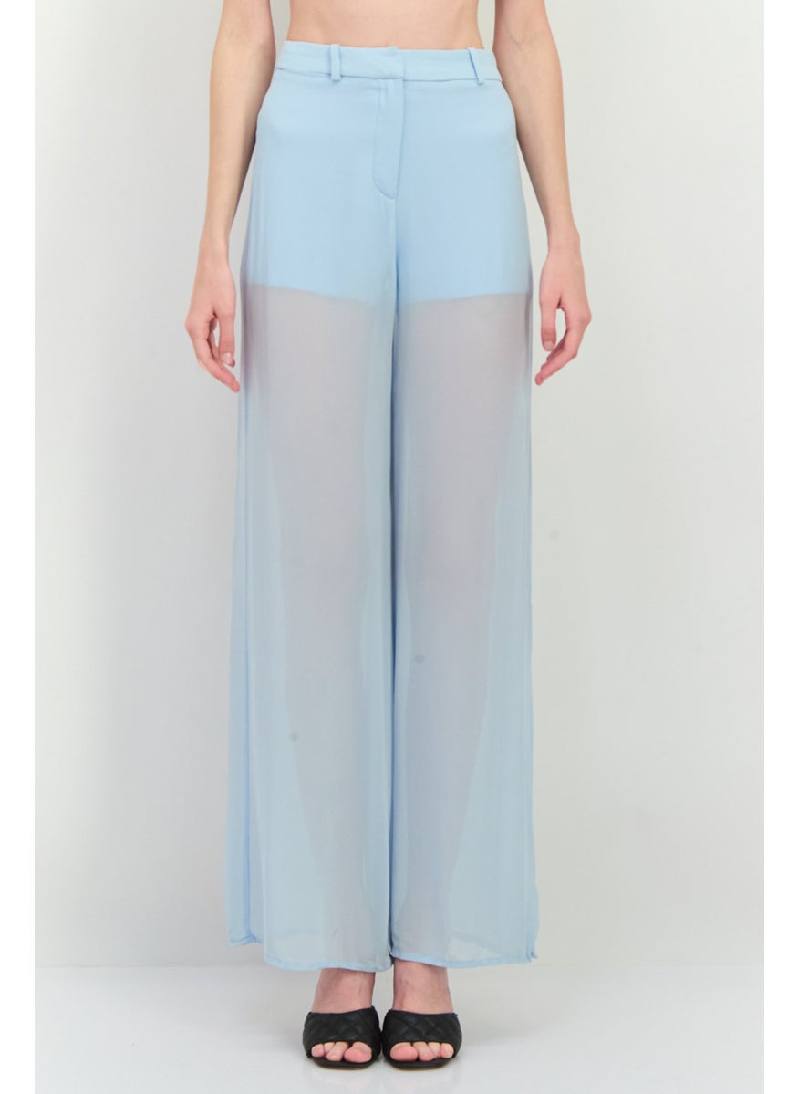 MANGO Women Regular Fit Solid Wide Leg Pants, Slate Blue  - Image 1