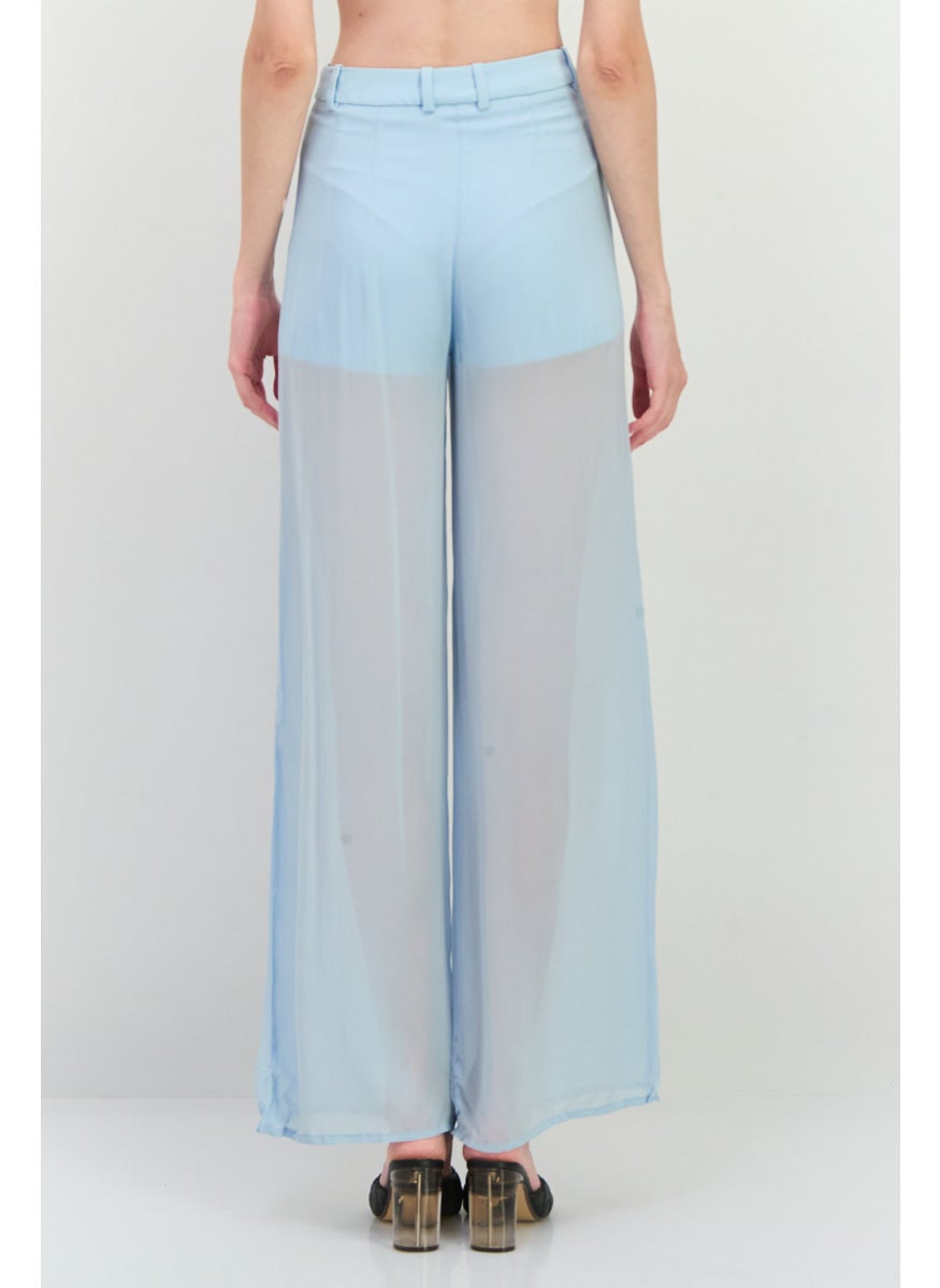 MANGO Women Regular Fit Solid Wide Leg Pants, Slate Blue  - Image 3