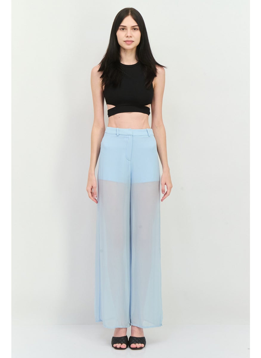 MANGO Women Regular Fit Solid Wide Leg Pants, Slate Blue  - Image 4