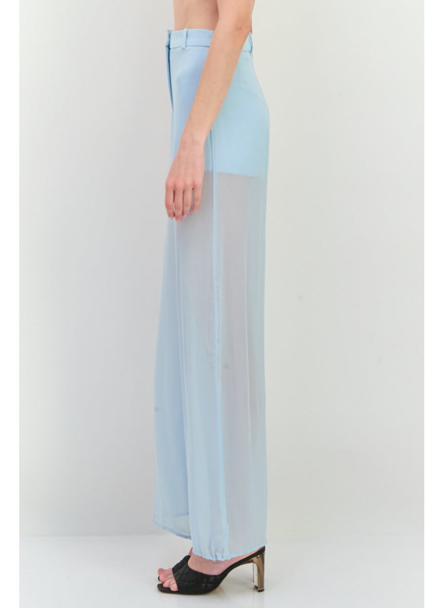MANGO Women Regular Fit Solid Wide Leg Pants, Slate Blue  - Image 2