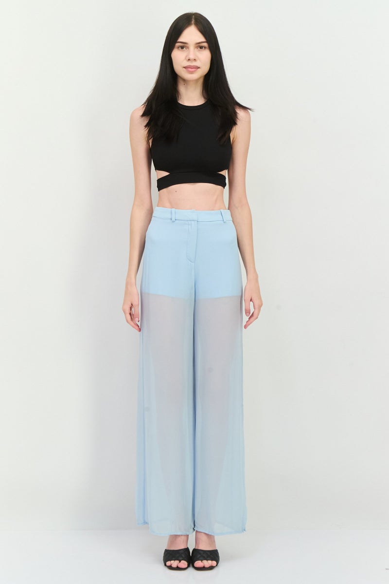 MANGO Women Regular Fit Solid Wide Leg Pants, Slate Blue - Image 4