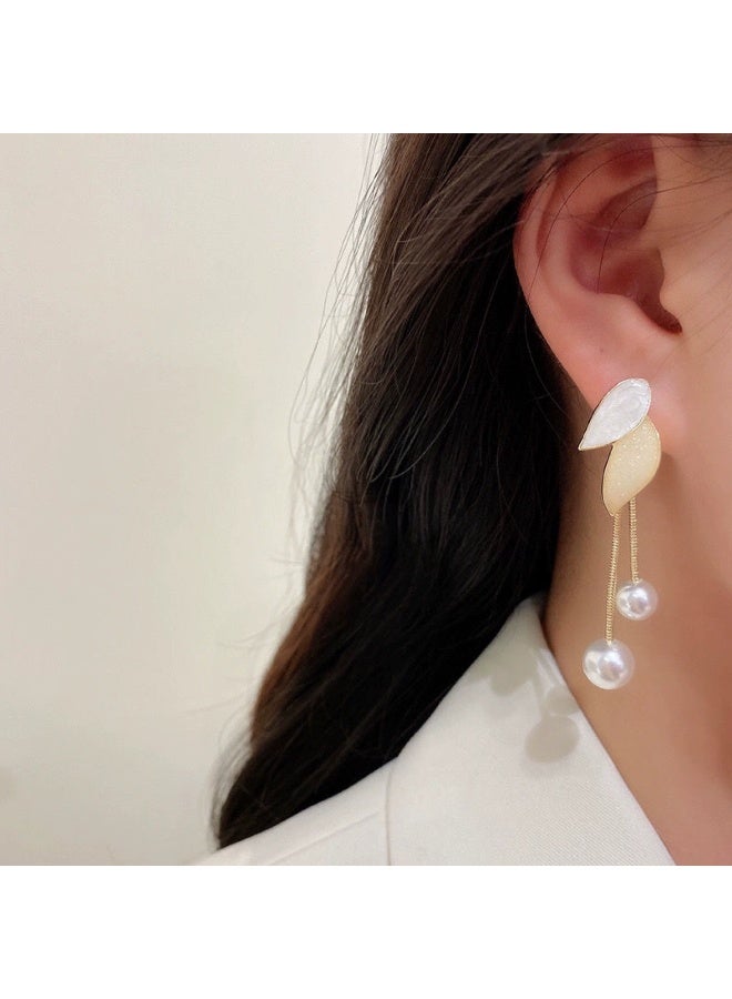 Goolsky Korean Pearl Leaf Tassel Earrings – Long Dangle Drop Earrings for Women, Elegant Drip Oil Design Jewelry - Image 3