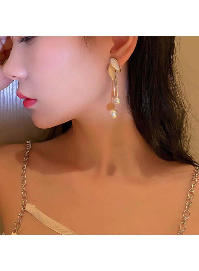 Goolsky Korean Pearl Leaf Tassel Earrings – Long Dangle Drop Earrings for Women, Elegant Drip Oil Design Jewelry - Image 4