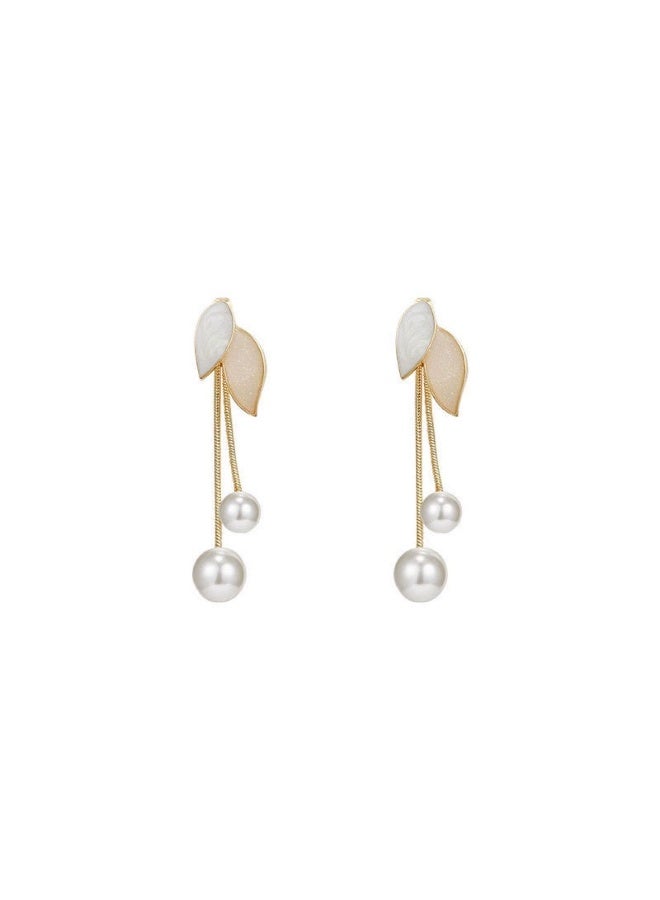 Goolsky Korean Pearl Leaf Tassel Earrings – Long Dangle Drop Earrings for Women, Elegant Drip Oil Design Jewelry - Image 2