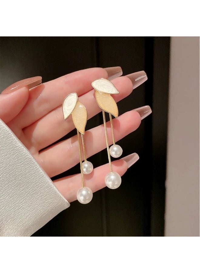 Goolsky Korean Pearl Leaf Tassel Earrings – Long Dangle Drop Earrings for Women, Elegant Drip Oil Design Jewelry - Image 1