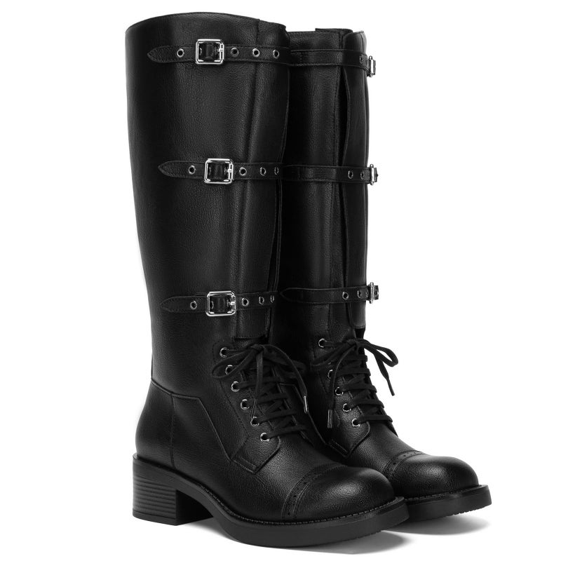 Athlefit Black Knee High Boots for Women Wide Calf Tall Riding Boots Slip On Winter Chunky Low Heel Booties Size 8 - Image 5