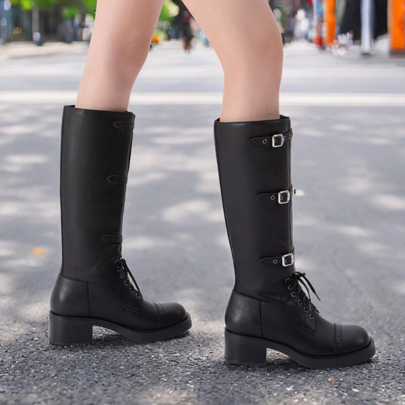 Athlefit Black Knee High Boots for Women Wide Calf Tall Riding Boots Slip On Winter Chunky Low Heel Booties Size 8 - Image 3