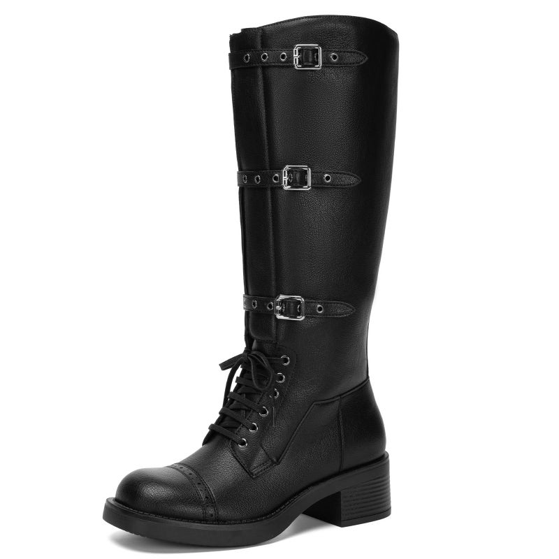 Athlefit Black Knee High Boots for Women Wide Calf Tall Riding Boots Slip On Winter Chunky Low Heel Booties Size 8 - Image 1