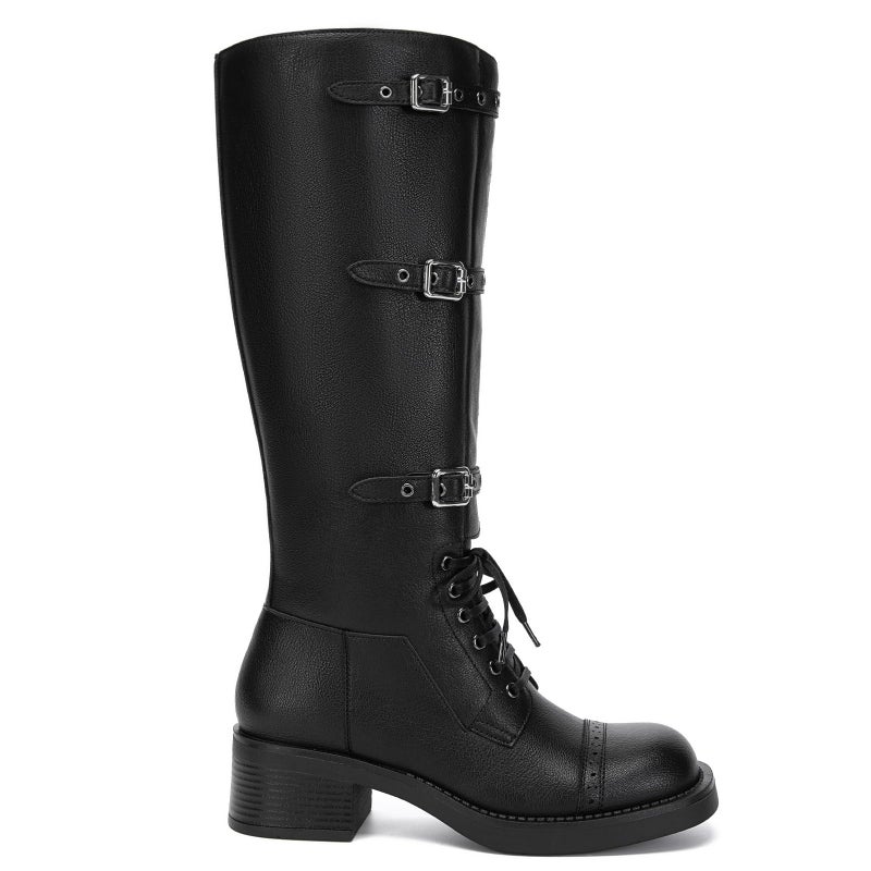 Athlefit Black Knee High Boots for Women Wide Calf Tall Riding Boots Slip On Winter Chunky Low Heel Booties Size 8 - Image 4