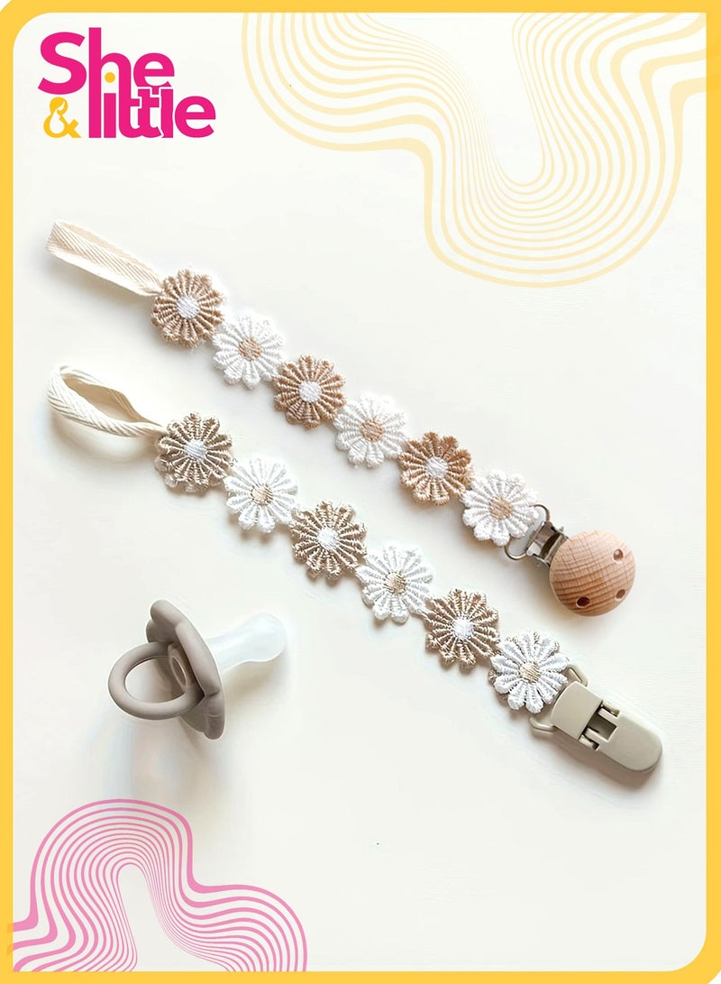She&Little 2Pcs Korean Cute Fabric Pacifier Chain AntLoss Daisy Flower Teething Stick, Baby Pacifier Clip, Toy Chain for Newborns, Anti-Fall Clip - Image 1