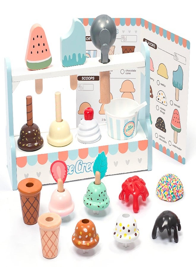 UMU® Wooden Ice Cream Counter Play Set Toy - Pretend Kitchen Accessories for Kids, Interactive PretendFood ,Montessori Shape Sorter 21 PCS Toddler Christmas Birthday Toys Gift 3+ Kids Girls &Boys - Image 1