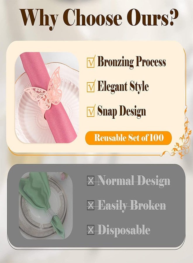 NPKRRSK 100 Pcs Napkin Rings Laser Cut Butterfly Shape Foil Paper Napkin Holder for Weddings Party Serviette Table Decoration Restaurant (Pink) - Image 3