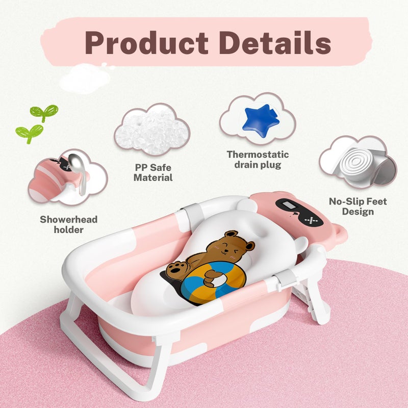 AVIDOR Baby Bathtub,Collapsible Bathtub for Newborn to Toddler,Durable Essential Infant Bath Tub,Portable Travel Baby Tub with Soft Cushion,No-Slip Hanging and Detachable(Pink) - Image 2