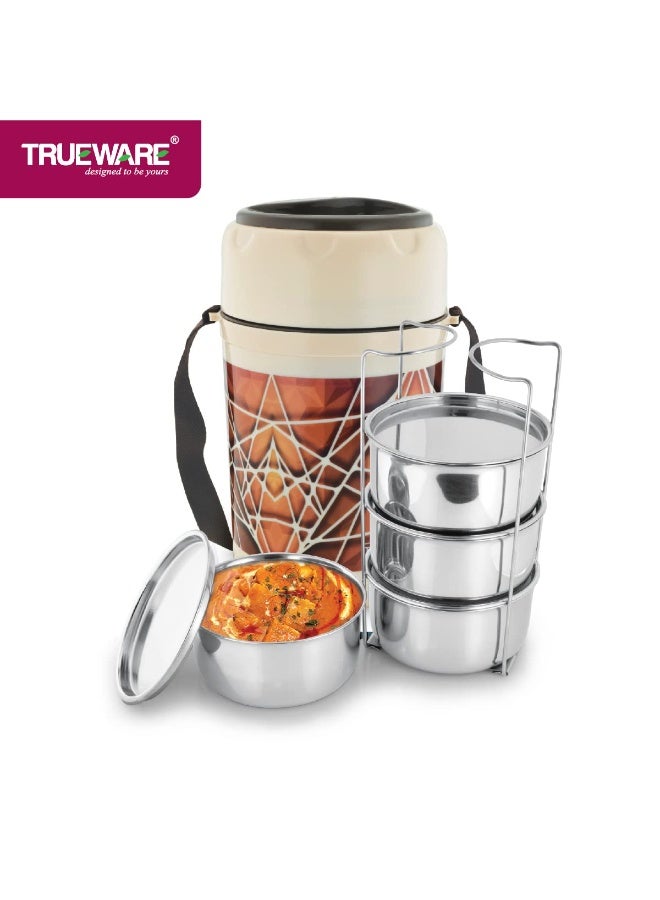 Trueware Trendy 4 Inner Steel Outer Plastic thermoware Lunch Box | 4 Container 300 ML Each-Brown | PU Insulated | Lunch Box | Tiffin | Hot Lunch Box - Image 1