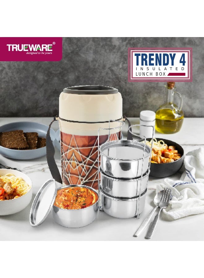 Trueware Trendy 4 Inner Steel Outer Plastic thermoware Lunch Box | 4 Container 300 ML Each-Brown | PU Insulated | Lunch Box | Tiffin | Hot Lunch Box - Image 3