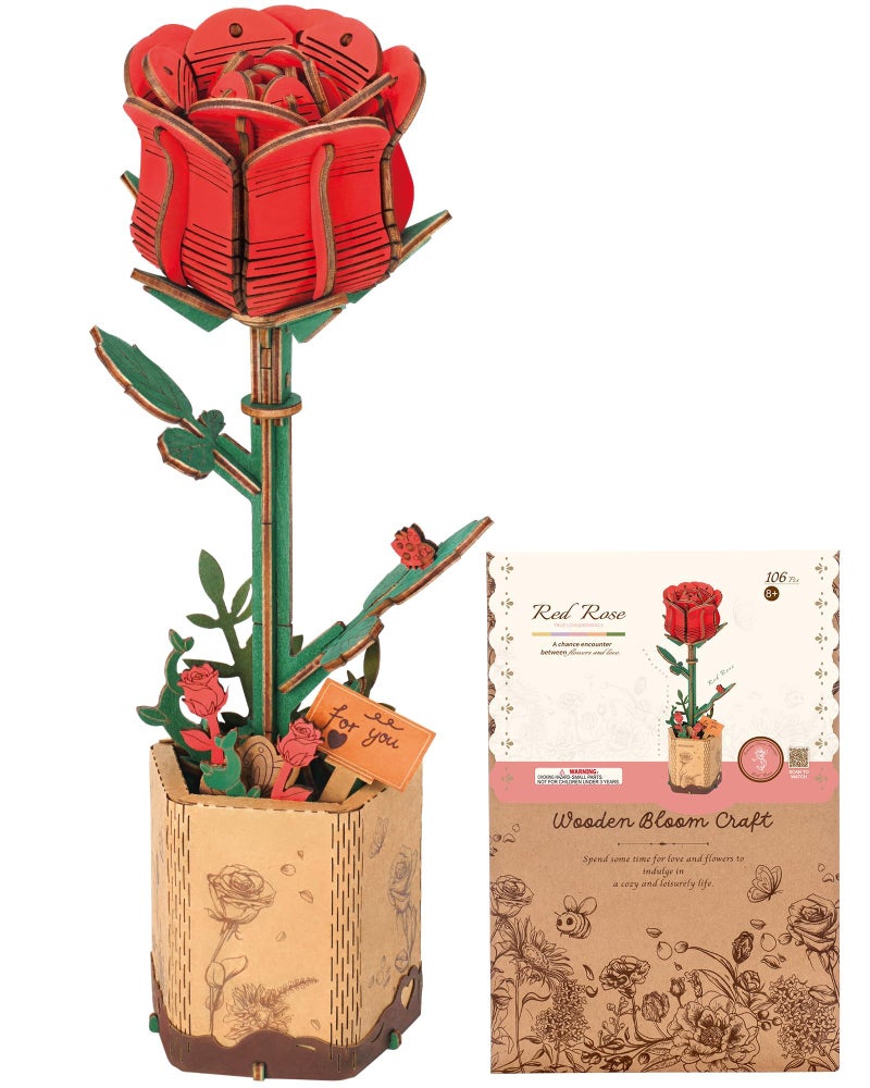Wowood 3D Flower Wooden Puzzles for AdultsRed Rose DIY Wooden Flowers Model Kit Building Set Crafts for Adults to Build Botanical CollectionIdeal Creative Gift IdeasHousewarming 106PCS - Image 3