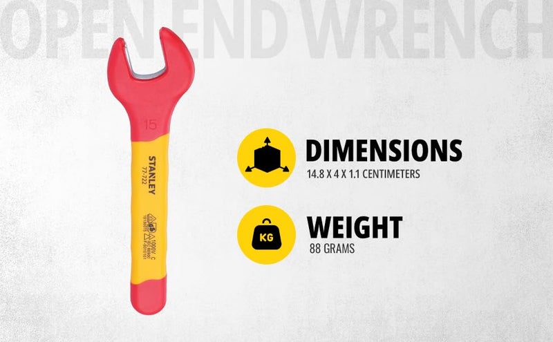Stanley STANLEY STMT7772223B VDE Insulated Open End Wrench 15mm Ideal For Repair Of Electric Vehicles Red and Yellow  - Image 2