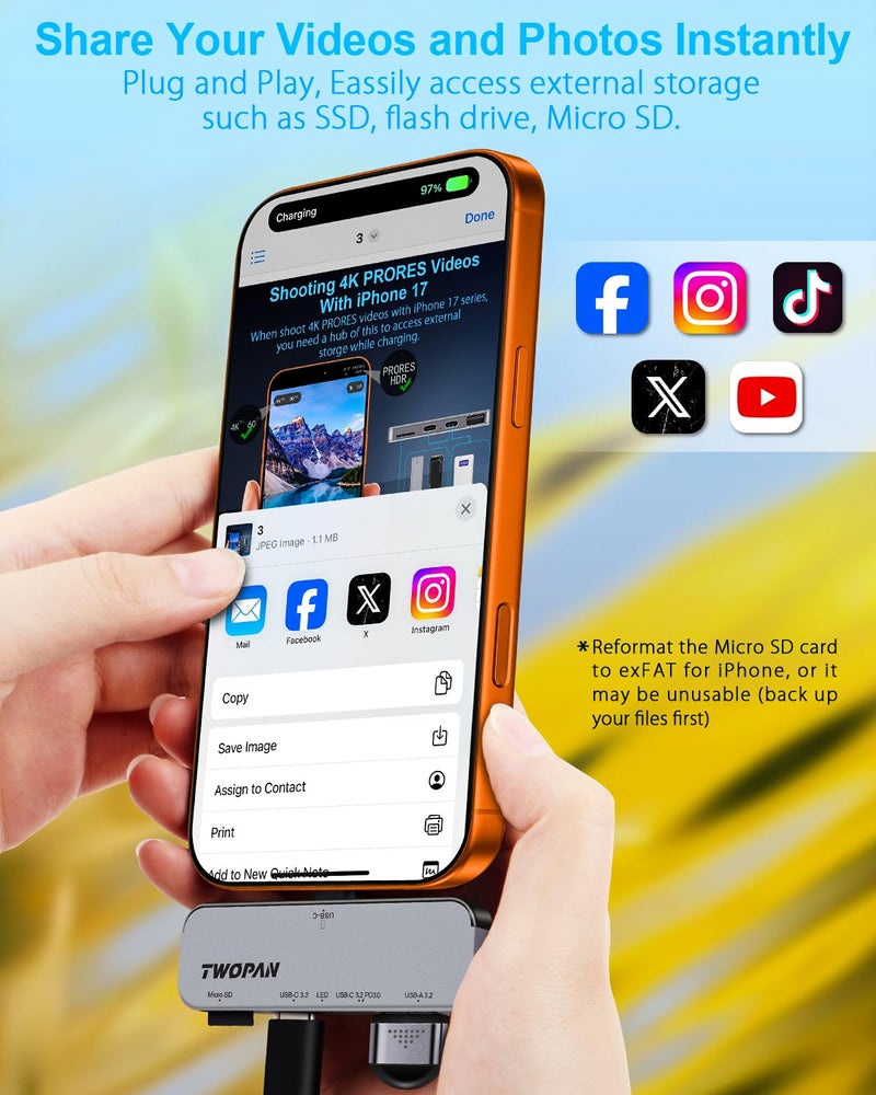 TWOPAN USB C iPhone Hub for ProRes Video Recording - Ultra-Slim Aluminum USB 3.2, Dual USB-C, Micro SD, and Charging Port Hub for iPhone 17/16/15 Pro/Pro Max - Image 4