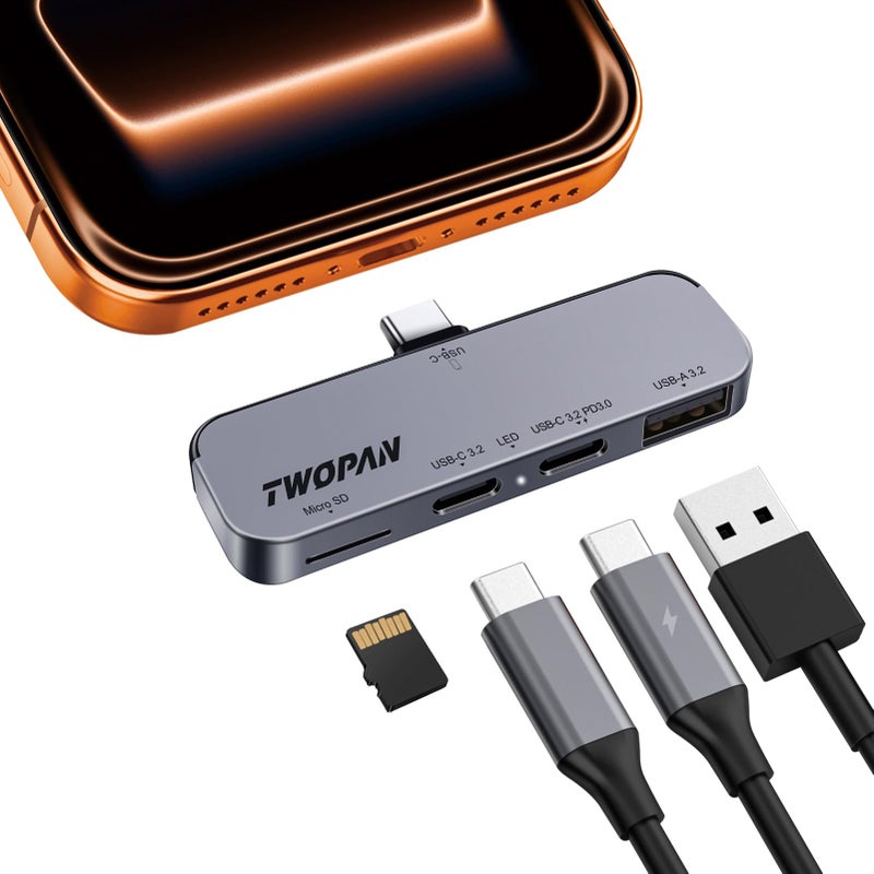 TWOPAN USB C iPhone Hub for ProRes Video Recording - Ultra-Slim Aluminum USB 3.2, Dual USB-C, Micro SD, and Charging Port Hub for iPhone 17/16/15 Pro/Pro Max - Image 1