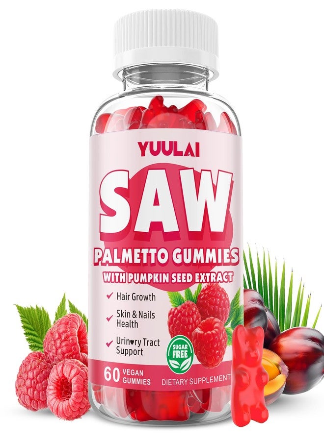 YUULAI Saw Palmetto Gummies for Women Men, Organic Saw Palmetto with Pumpkin Seed Oil for Hair Growth & Skin Health, Sugar Free, Raspberry Flavor, 60 Count - Image 1