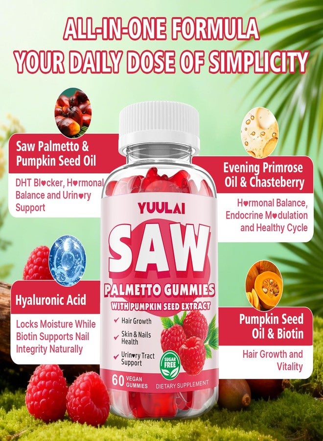 YUULAI Saw Palmetto Gummies for Women Men, Organic Saw Palmetto with Pumpkin Seed Oil for Hair Growth & Skin Health, Sugar Free, Raspberry Flavor, 60 Count - Image 2