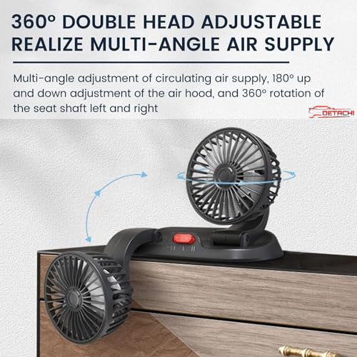 DETACHI 12V DC Electric Car Fan for Dashboard, Portable Fan With 360°Rotatable Head & 3Speed Control-Pack 2, Ultra Silent Operation, Brushless Motor, Suitable For Car,SUV,Bus,Desk-22X14X10cm - Image 5