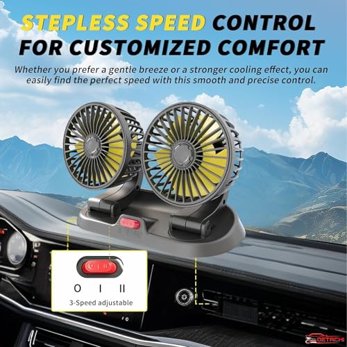 DETACHI 12V DC Electric Car Fan for Dashboard, Portable Fan With 360°Rotatable Head & 3Speed Control-Pack 2, Ultra Silent Operation, Brushless Motor, Suitable For Car,SUV,Bus,Desk-22X14X10cm - Image 4
