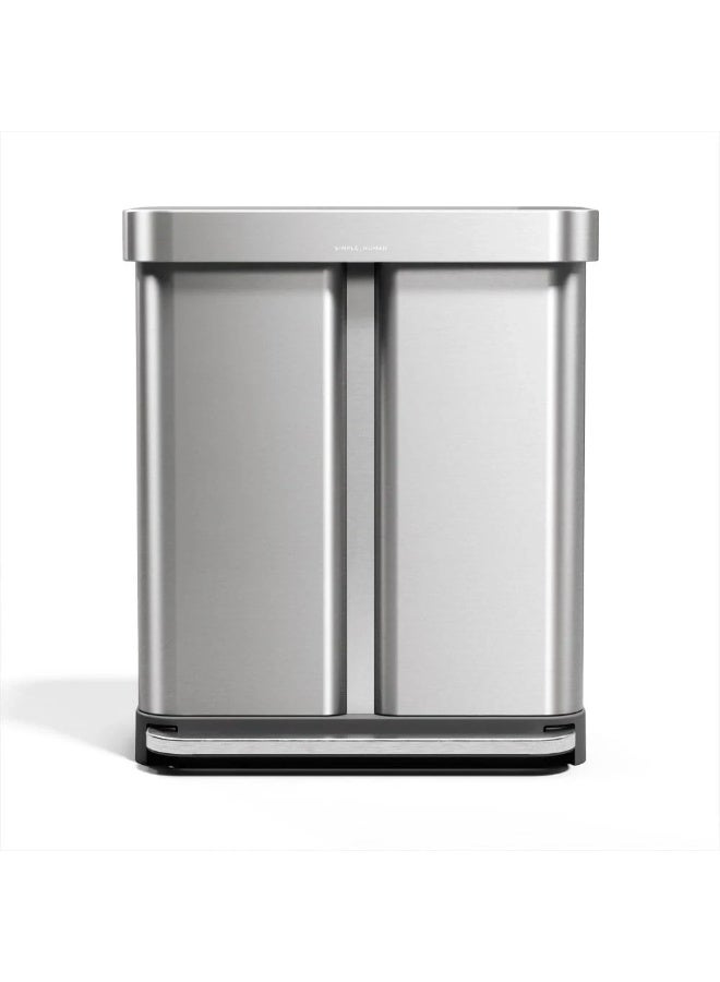 simplehuman 58 Liter / 15.3 Gallon Rectangular Dual Compartment Recycling Step, Brushed Stainless Steel with Soft-Close Plastic Lid Kitchen Trash Can - Image 1