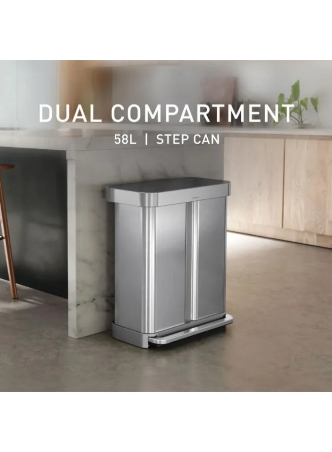 simplehuman 58 Liter / 15.3 Gallon Rectangular Dual Compartment Recycling Step, Brushed Stainless Steel with Soft-Close Plastic Lid Kitchen Trash Can - Image 2