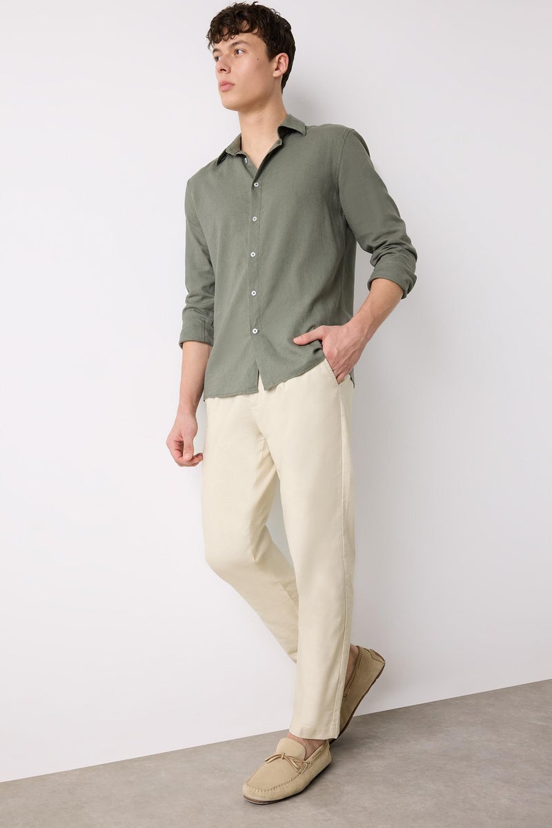 DeFacto Beige Man Relax Fit Straight Leg Cotton Summer Fabric Trousers Casual - Image 2