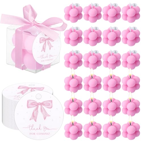 MTLEE 24 Sets Pink Bow Party Favors Small Bubble Candle Baby Shower Favors for Guests Tea Candles Bulk with Stylish Ribbons Cards Gifts Party Decoration(Bright Pink,Bow) - Image 1