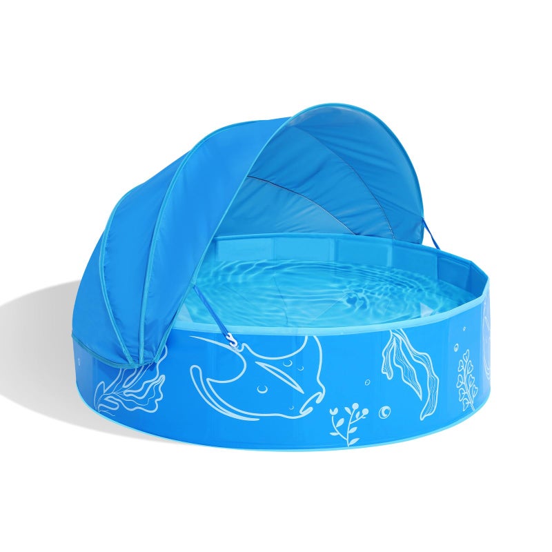 Hikiddy Foldable Kiddie Pool with Canopy: 47in Baby Pool and Beach Tent for Toddlers Infants 6-12 Months and Kids 2-4 Years Old - Portable Water Play with Shade for Outdoor Backyard Beach (Blue-Blue) - Image 1
