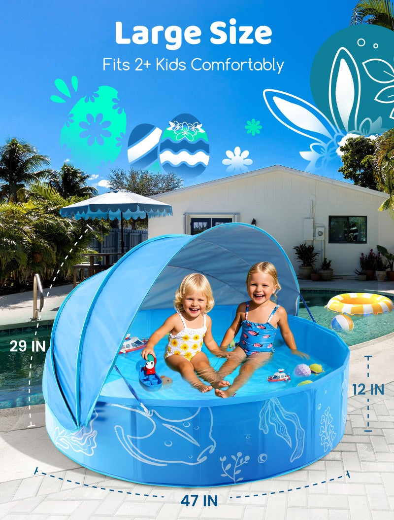 Hikiddy Foldable Kiddie Pool with Canopy: 47in Baby Pool and Beach Tent for Toddlers Infants 6-12 Months and Kids 2-4 Years Old - Portable Water Play with Shade for Outdoor Backyard Beach (Blue-Blue) - Image 3